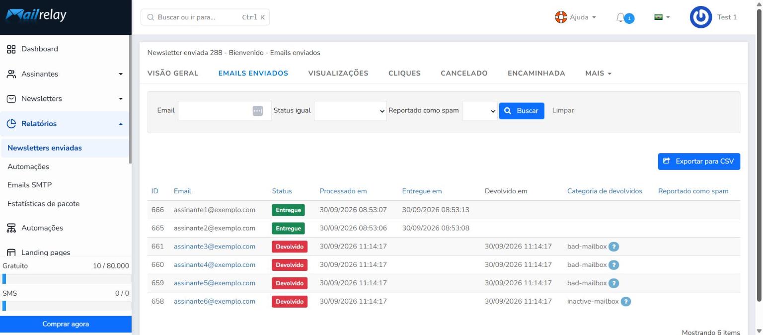 Aba Emails enviados com o status de entrega de cada assinante
