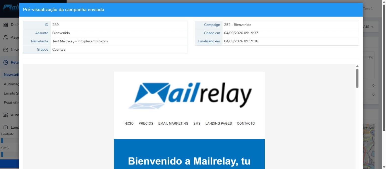 Pré-visualização de uma newsletter enviada com os seus dados principais