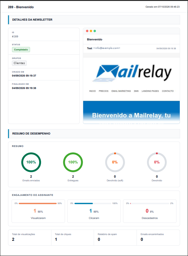 Relatório em PDF com os detalhes e o resumo de desempenho da newsletter