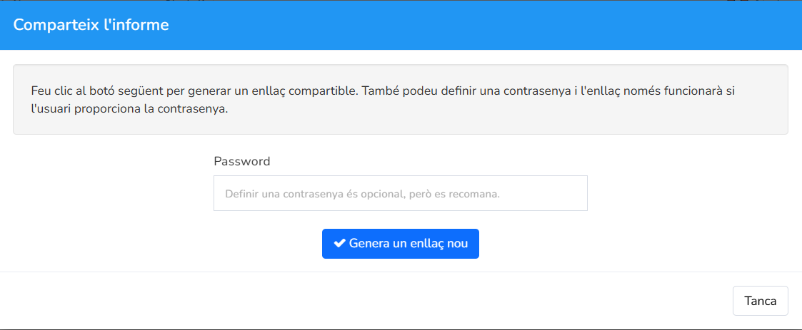 Finestra Comparteix l'informe per generar un enllaç amb contrasenya opcional