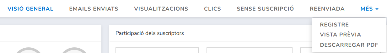 Pestanyes d'estadístiques i menú Més amb Registre, Vista prèvia i Descarregar PDF