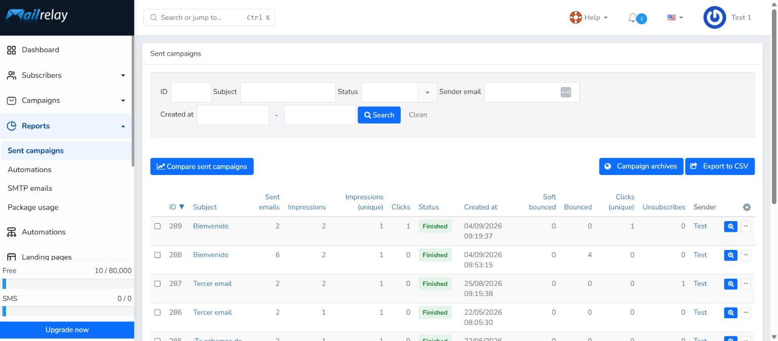 List of sent campaigns in Mailrelay with search panel and statistics columns
