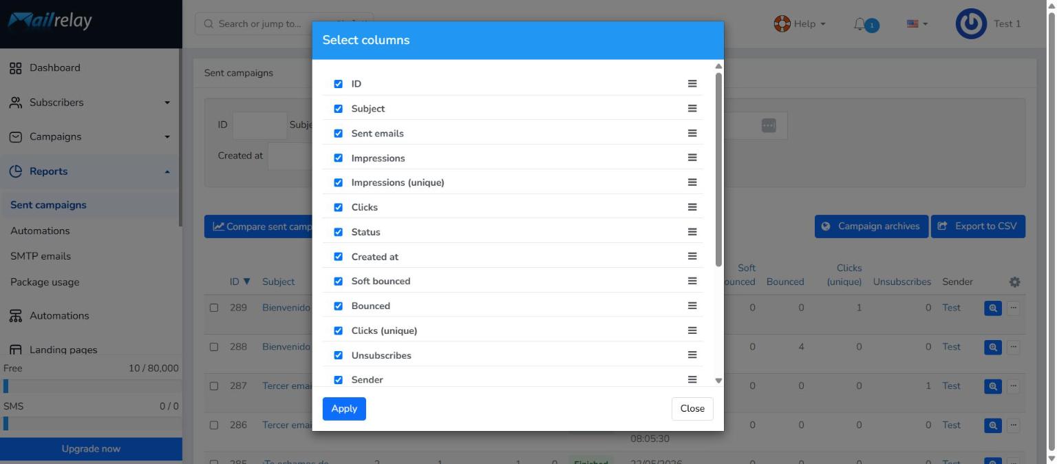 Select columns window to customize the sent campaigns list