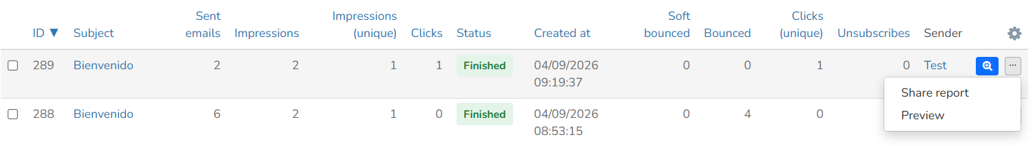 Actions menu with the Share report and Preview options