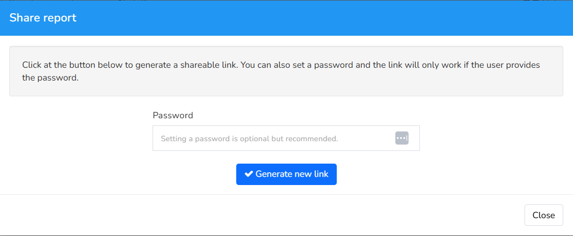 Share report window to generate a link with an optional password