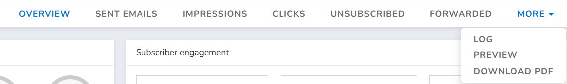 Statistics tabs and More menu with Log, Preview and Download PDF