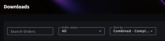 The Downloads page, showing the Search Orders box, the Order status filter, and the Sort by control
