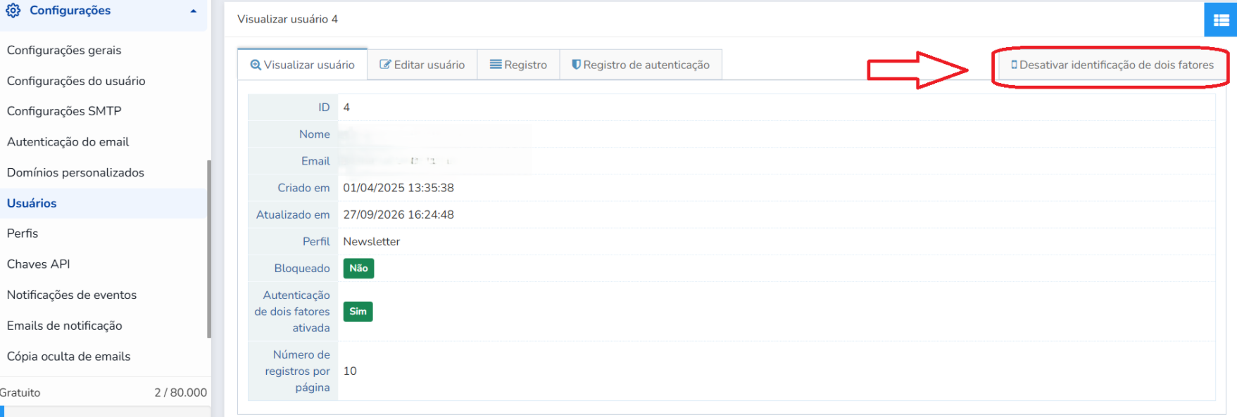 Opção de retransmissão de e-mail para um administrador desativar a verificação em duas etapas (2FA) para um usuário.