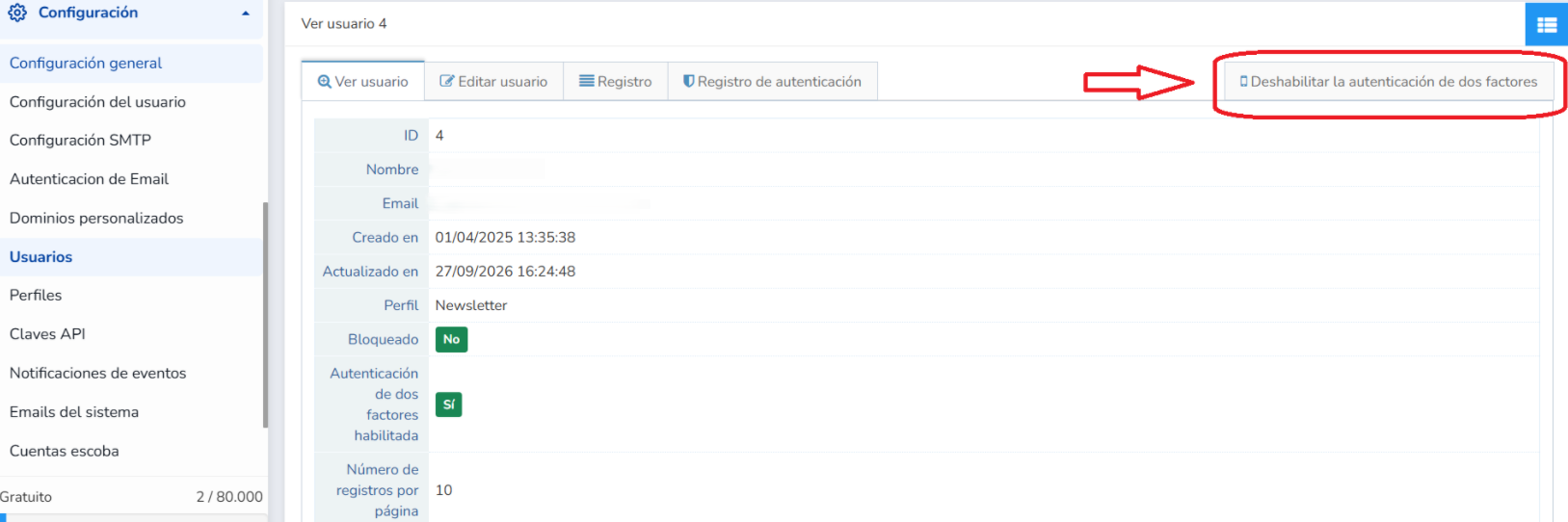Opción de Mailrelay para que un administrador desactive la verificación en dos pasos (2FA) de un usuario
