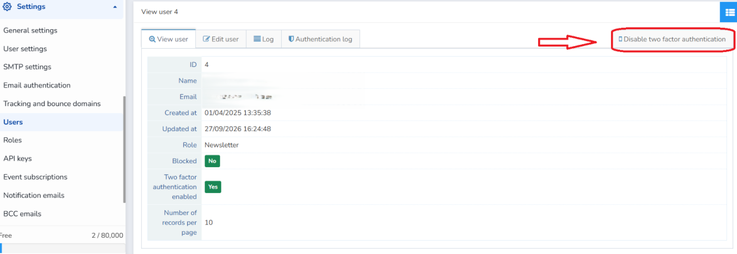 Mailrelay option allowing an administrator to deactivate a user's two-step verification (2FA)