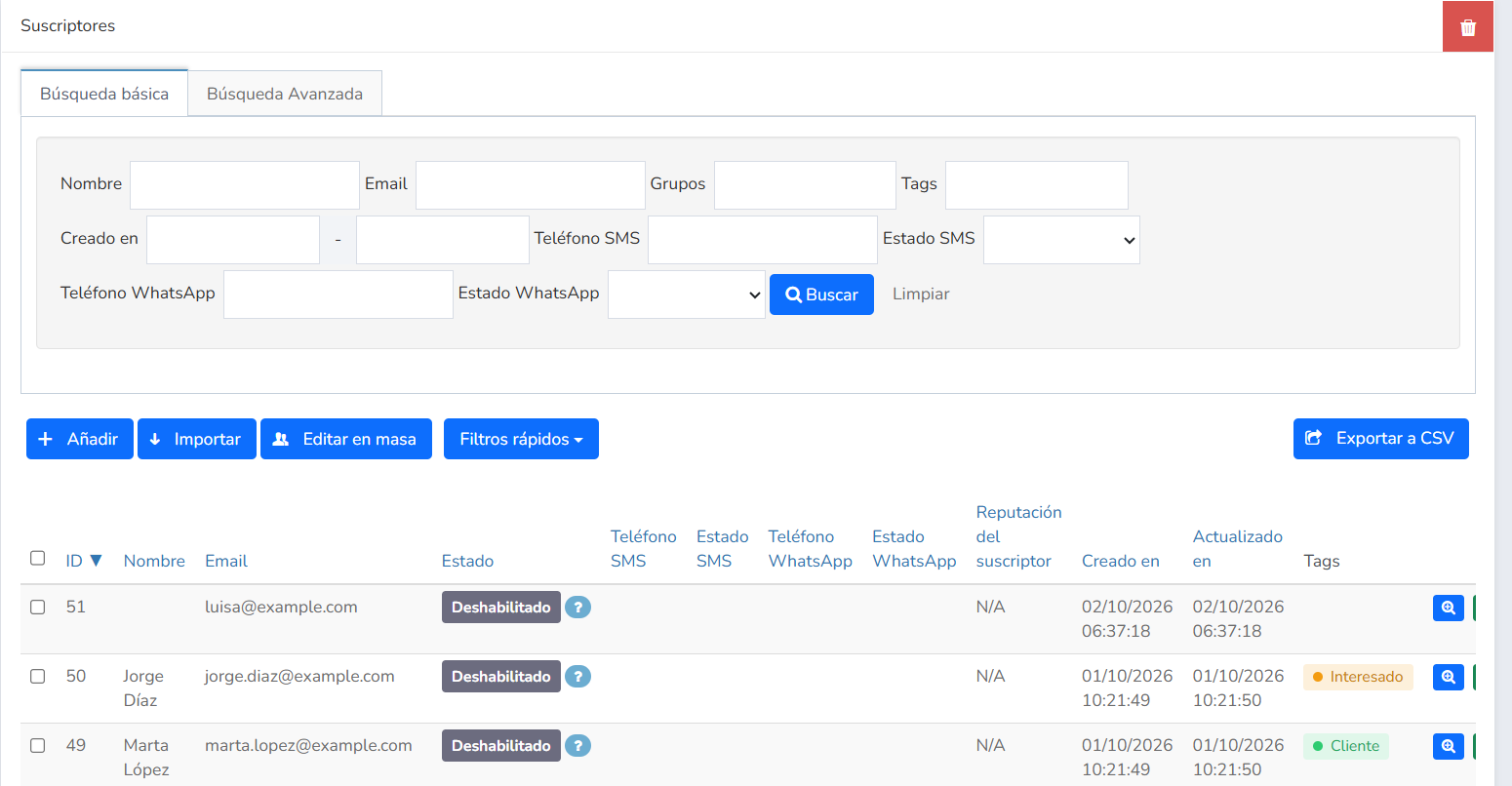 Pantalla Suscriptores de Mailrelay con la pestaña Búsqueda básica, los botones Añadir, Importar, Editar en masa, Filtros rápidos y Exportar a CSV, y la lista de contactos