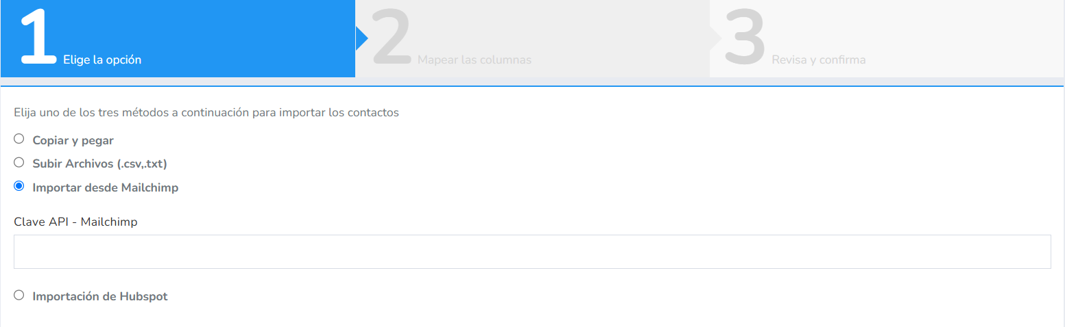 Opción Importar desde Mailchimp con el campo Clave API - Mailchimp
