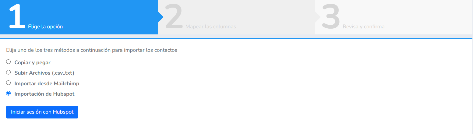 Opción Importación de Hubspot con el botón Iniciar sesión con Hubspot
