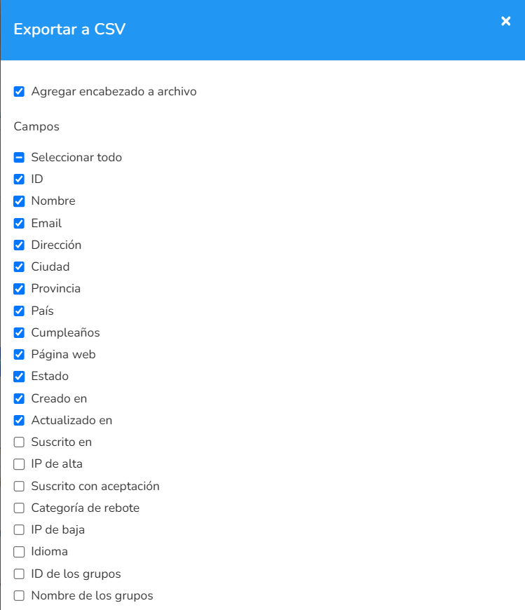 Ventana Exportar a CSV con la opción Agregar encabezado a archivo y la lista de campos para exportar