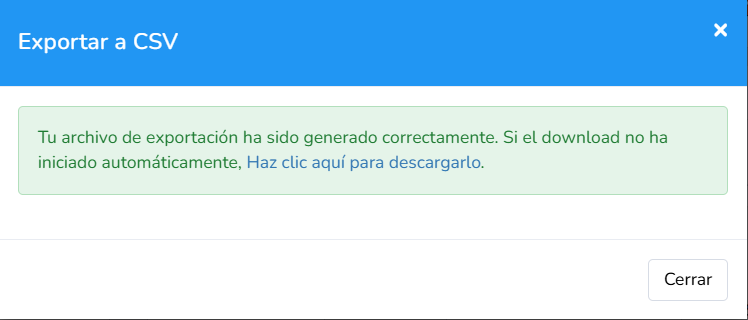 Mensaje de confirmación de la exportación a CSV con el enlace Haz clic aquí para descargarlo