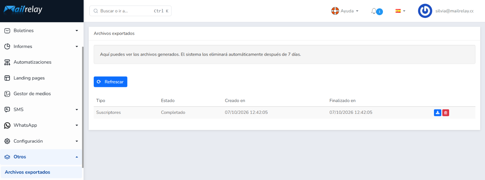 Sección Otros > Archivos exportados con el historial de exportaciones y los botones Descargar y Eliminar; los archivos se guardan 7 días