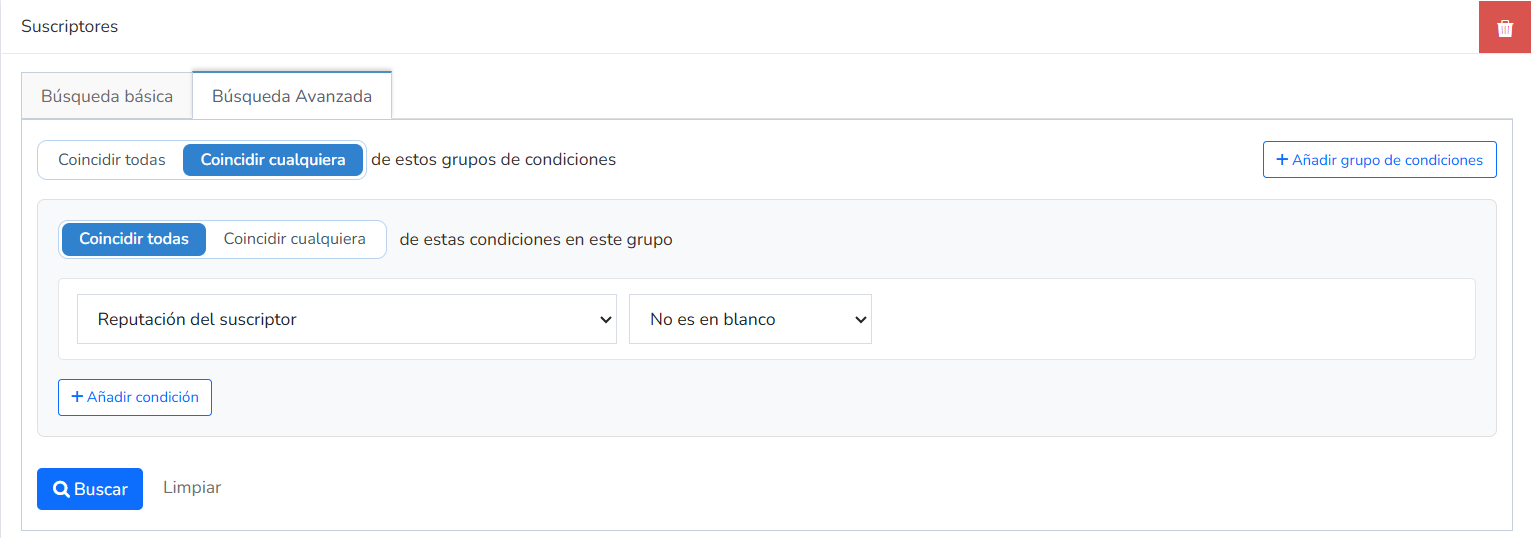 Pestaña Búsqueda avanzada con grupos de condiciones y los botones Añadir condición y Añadir grupo de condiciones