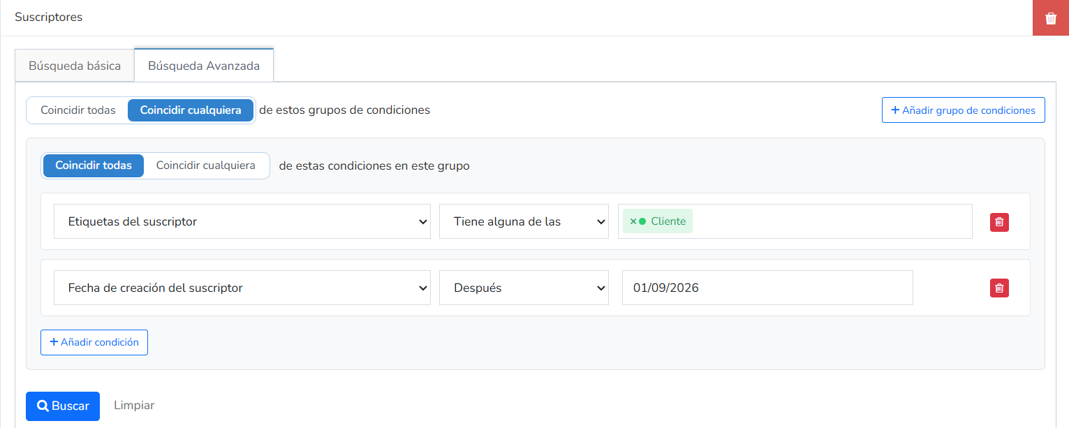Ejemplo de búsqueda avanzada: suscriptores con la etiqueta Cliente creados después del 01/09/2026
