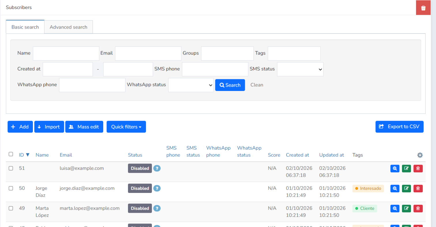 Mailrelay Subscribers screen with the Basic search tab, the Add, Import, Mass edit, Quick filters and Export to CSV buttons, and the contact list