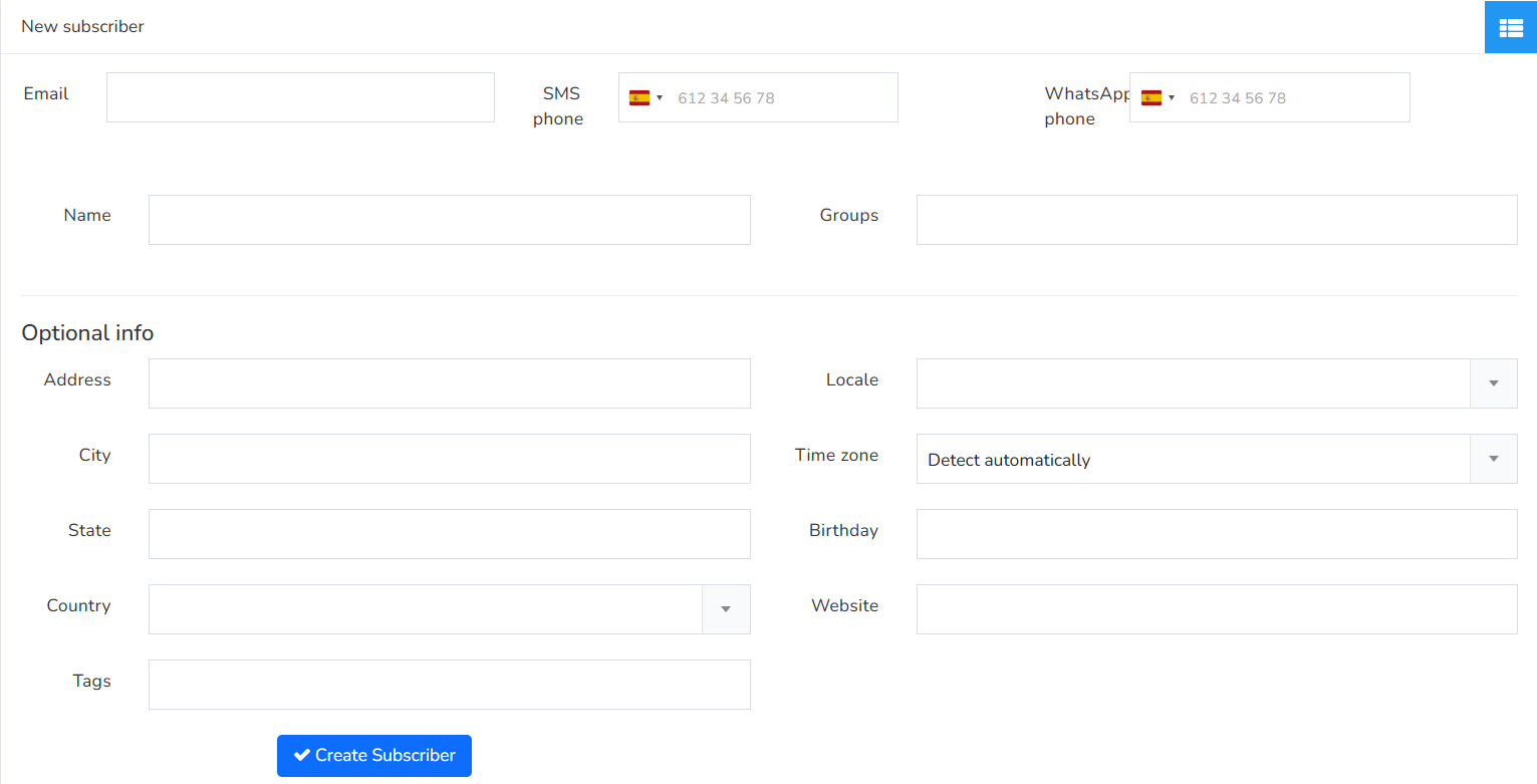 New subscriber form with the Email, SMS phone, WhatsApp phone, Name, Groups and Optional info fields