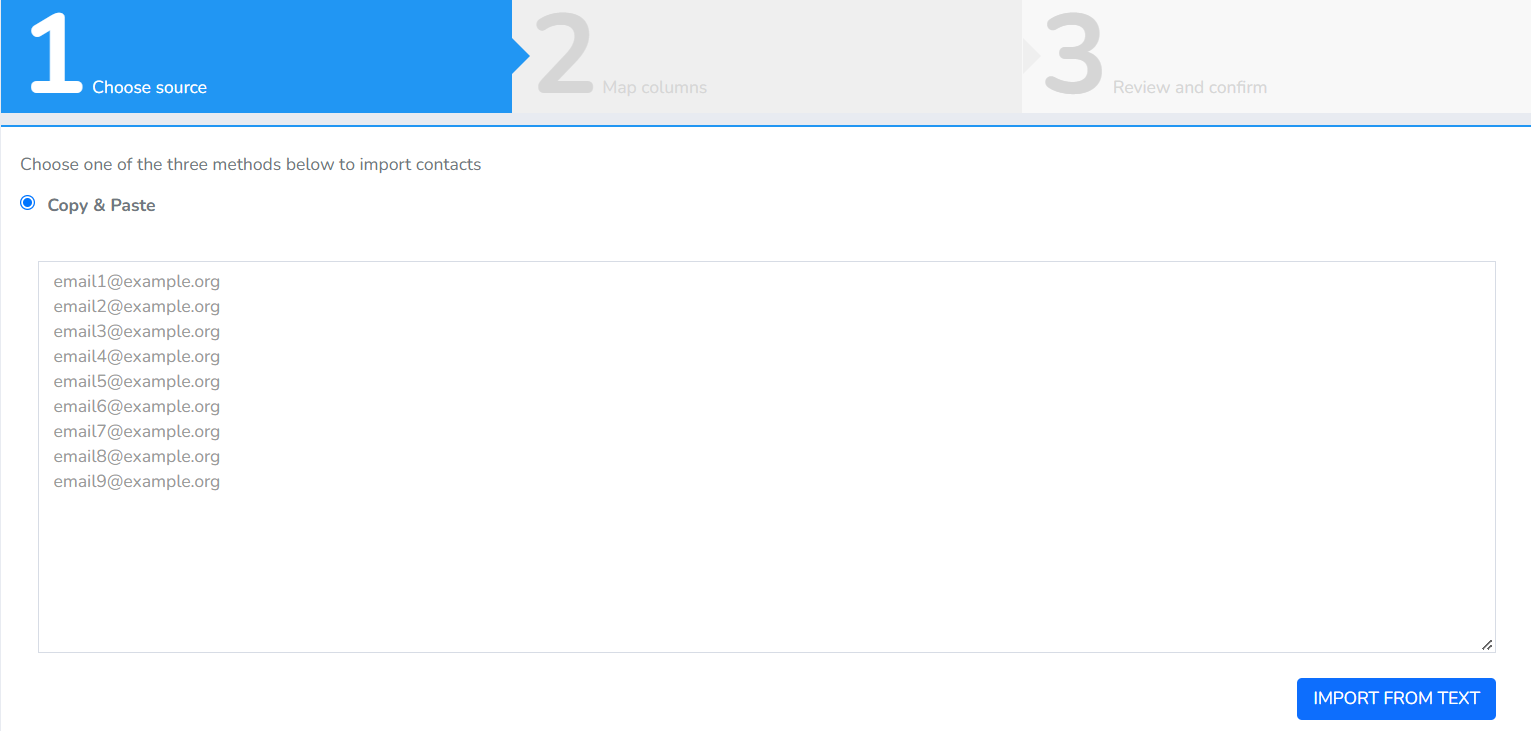 Step 1 of the import wizard with the Copy & Paste option selected and the IMPORT FROM TEXT button