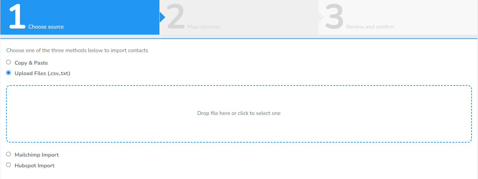 Upload Files (.csv, .txt) option with the area to drop or select the file