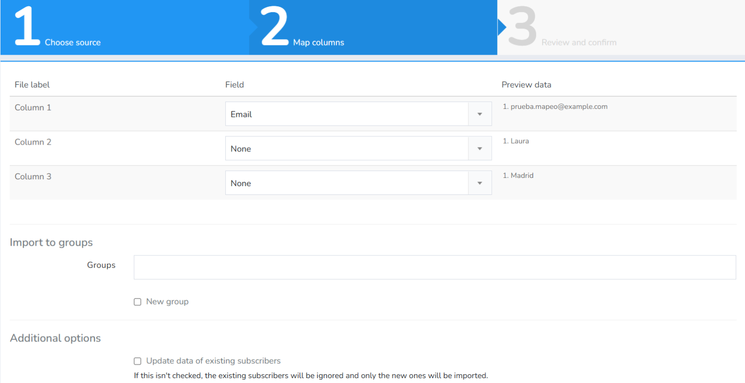 Step 2 Map columns with the File label, Field and Preview data columns, and the group selection