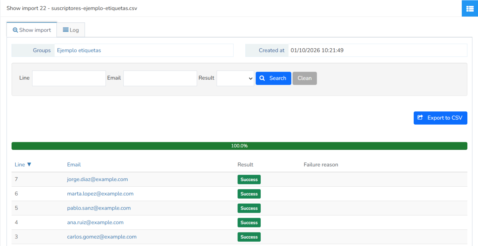 Import report with the Line, Email and Result filters, the Export to CSV button and the Failure reason column