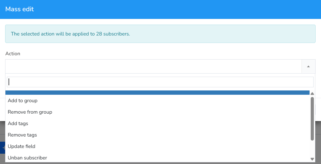 Mass edit window with the Action drop-down open and the available actions