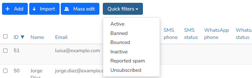 Quick filters menu with the Active, Banned, Bounced, Inactive, Reported spam and Unsubscribed statuses
