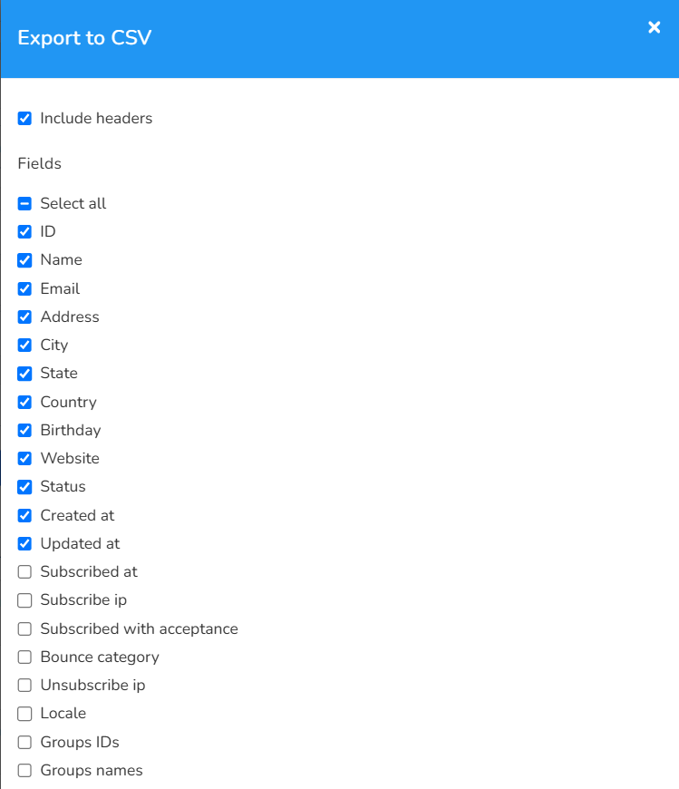 Export to CSV window with the Include headers option and the list of fields to export