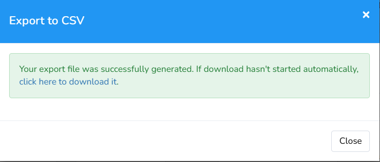 CSV export confirmation message with the click here to download it link