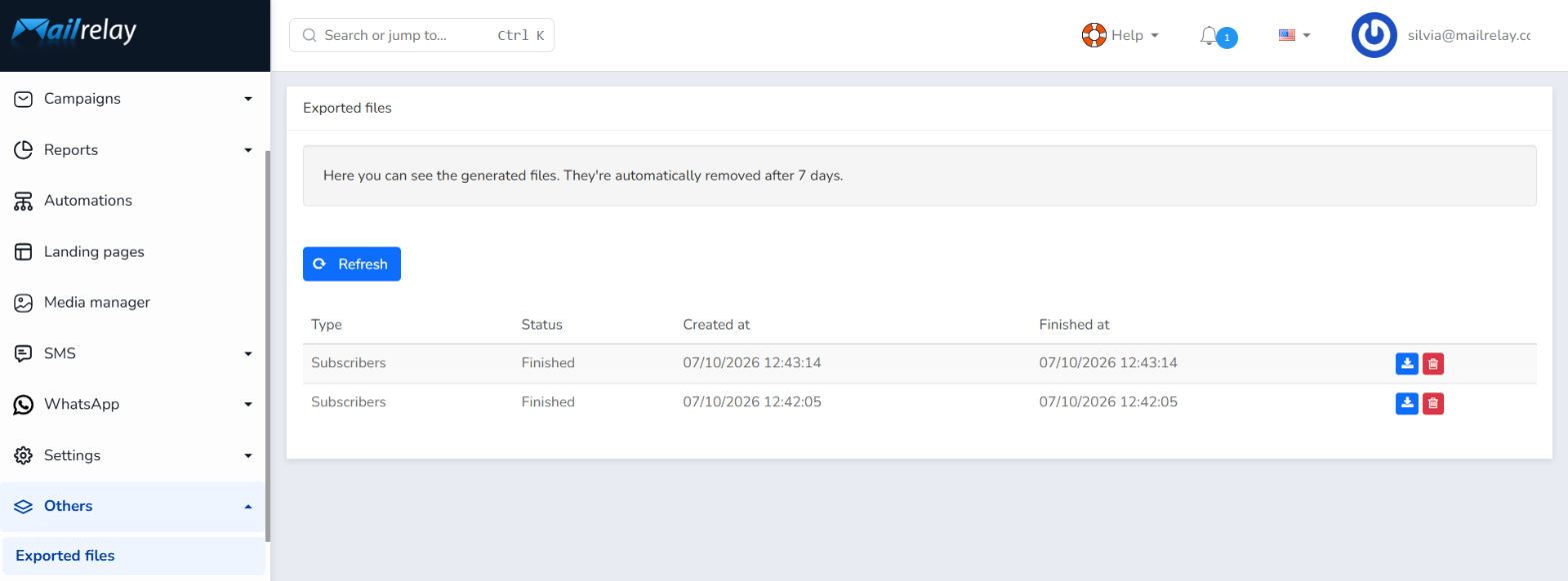 Others > Exported files section with the export history and the Download and Delete buttons; files are kept for 7 days