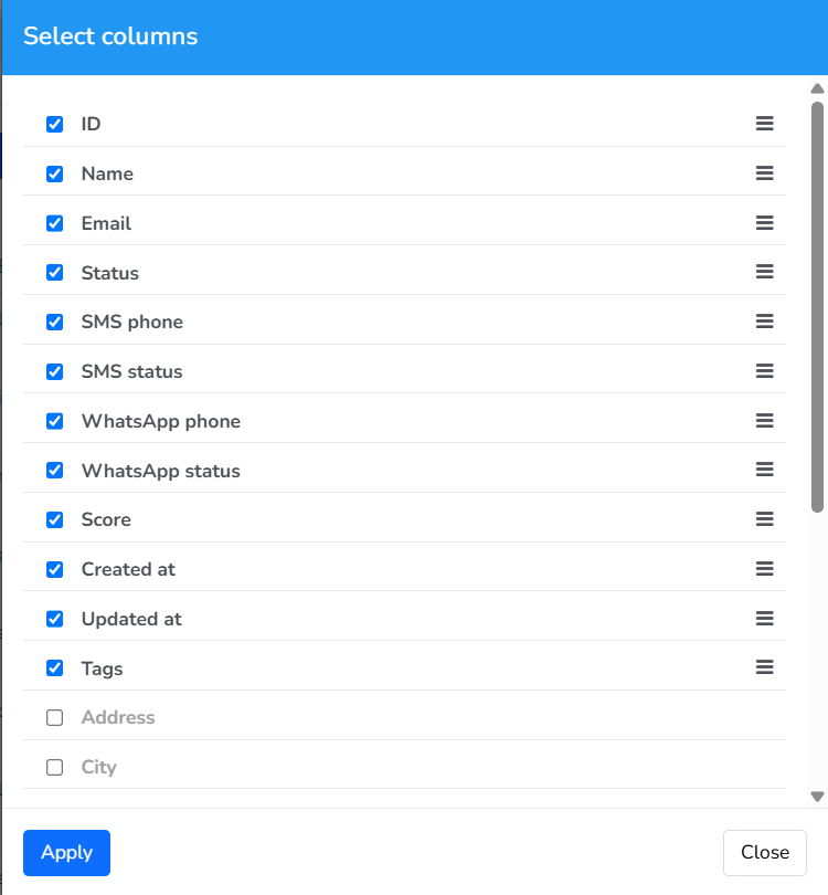 Select columns window to show, hide and reorder the columns in the subscriber list