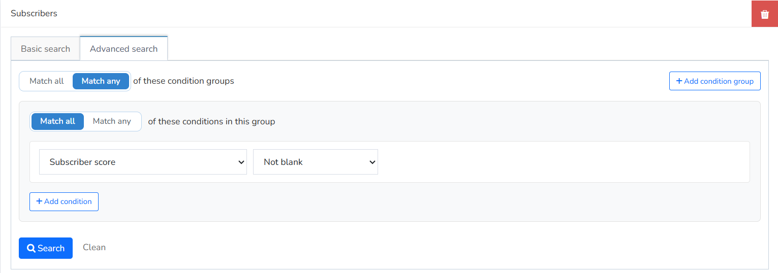 Advanced search tab with condition groups and the Add condition and Add condition group buttons