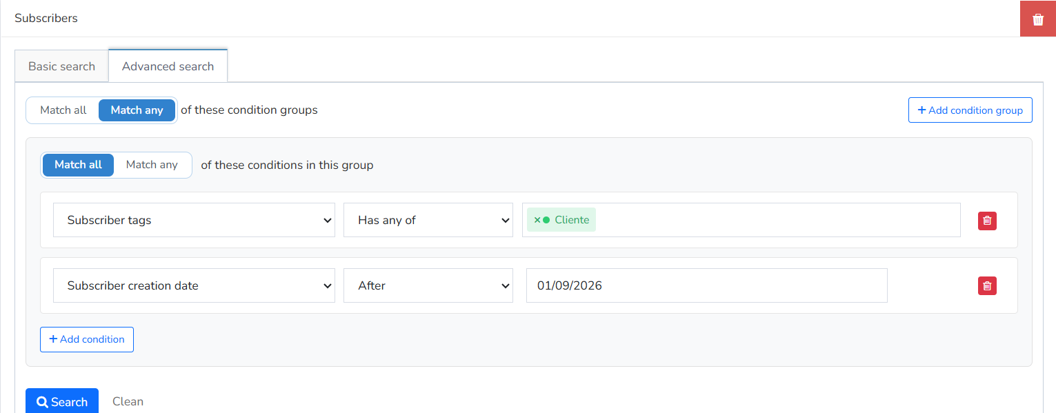 Advanced search example: subscribers with the Cliente tag created after 01/09/2026