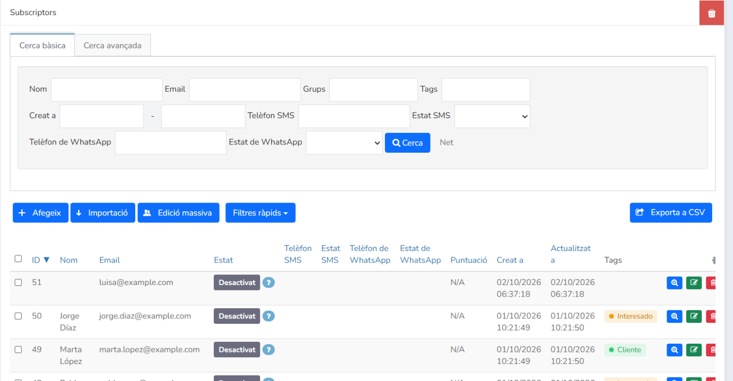 Pantalla Subscriptors de Mailrelay amb la pestanya Cerca bàsica, els botons Afegeix, Importació, Edició massiva, Filtres ràpids i Exporta a CSV, i la llista de contactes