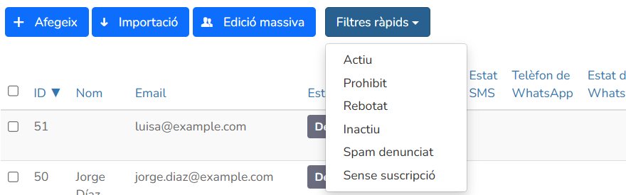 Menú Filtres ràpids amb els estats Actiu, Prohibit, Rebotat, Inactiu, Spam denunciat i Sense subscripció