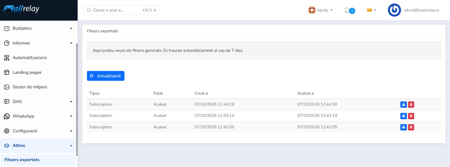 Secció Altres > Fitxers exportats amb l'historial d'exportacions i els botons per descarregar i suprimir; els fitxers es desen 7 dies