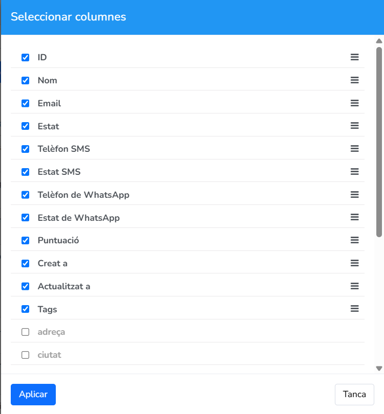 Finestra Seleccionar columnes per mostrar, amagar i reordenar les columnes de la llista de subscriptors