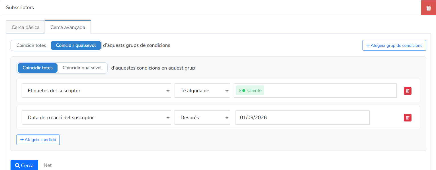 Exemple de cerca avançada: subscriptors amb l'etiqueta Cliente creats després de l'01/09/2026