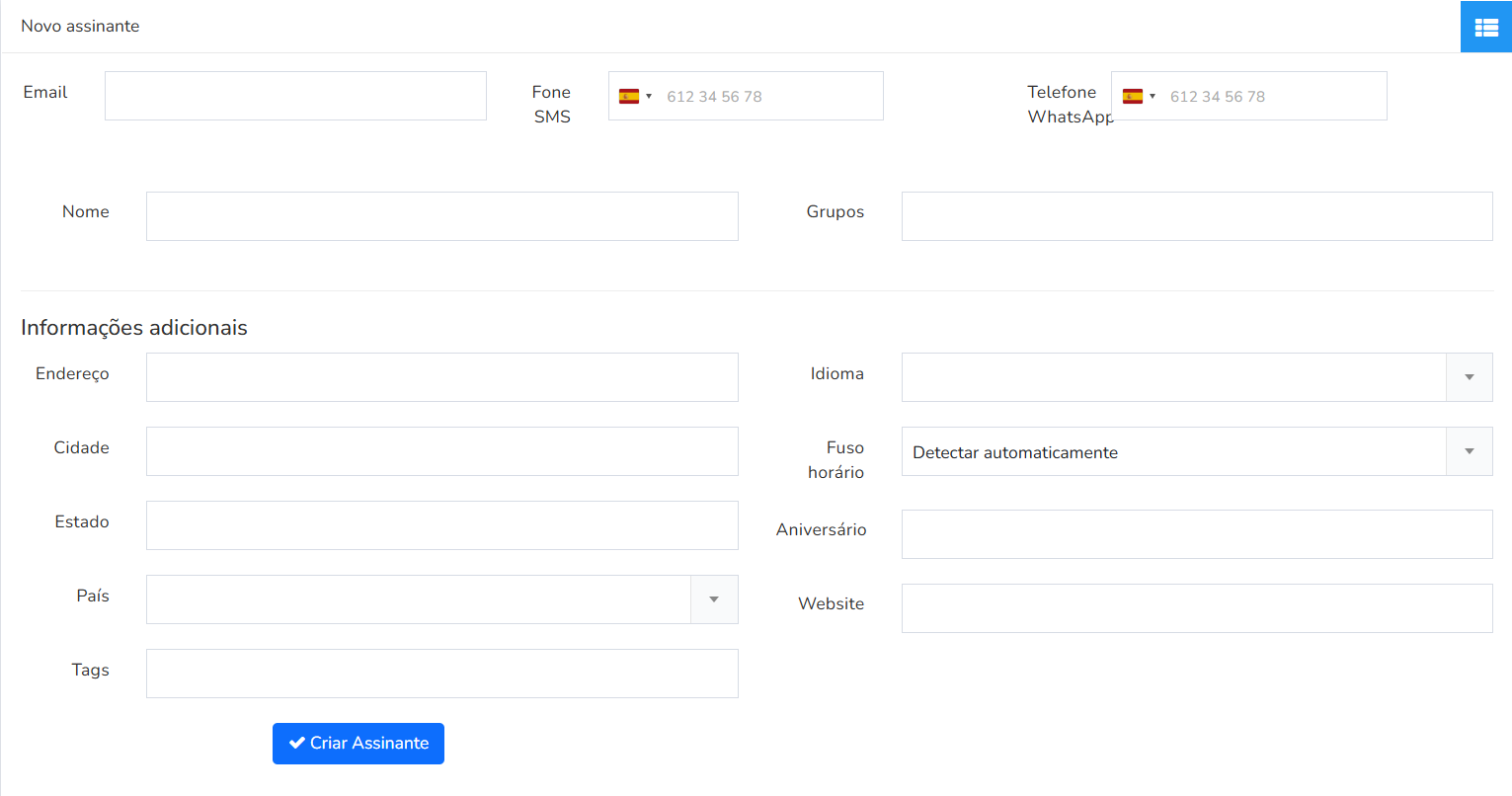 Formulário Novo assinante com os campos Email, Fone SMS, Telefone WhatsApp, Nome, Grupos e Informações adicionais