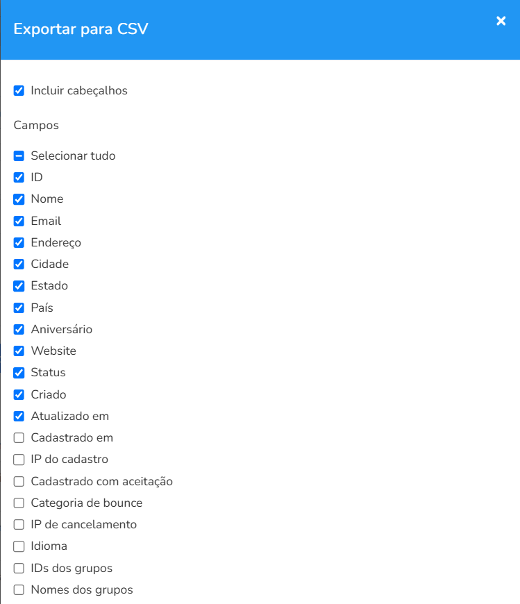 Janela Exportar para CSV com a opção Incluir cabeçalhos e a lista de campos para exportar