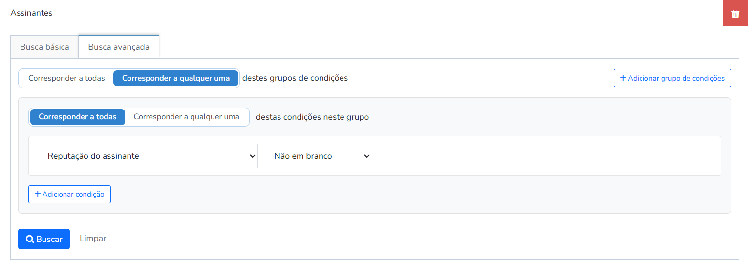 Aba Busca avançada com grupos de condições e os botões Adicionar condição e Adicionar grupo de condições