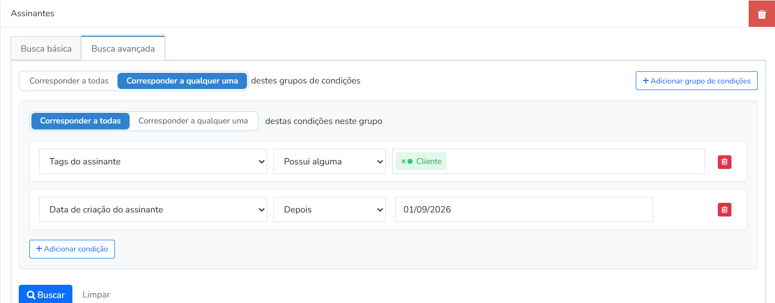 Exemplo de busca avançada: assinantes com a tag Cliente criados depois de 01/09/2026