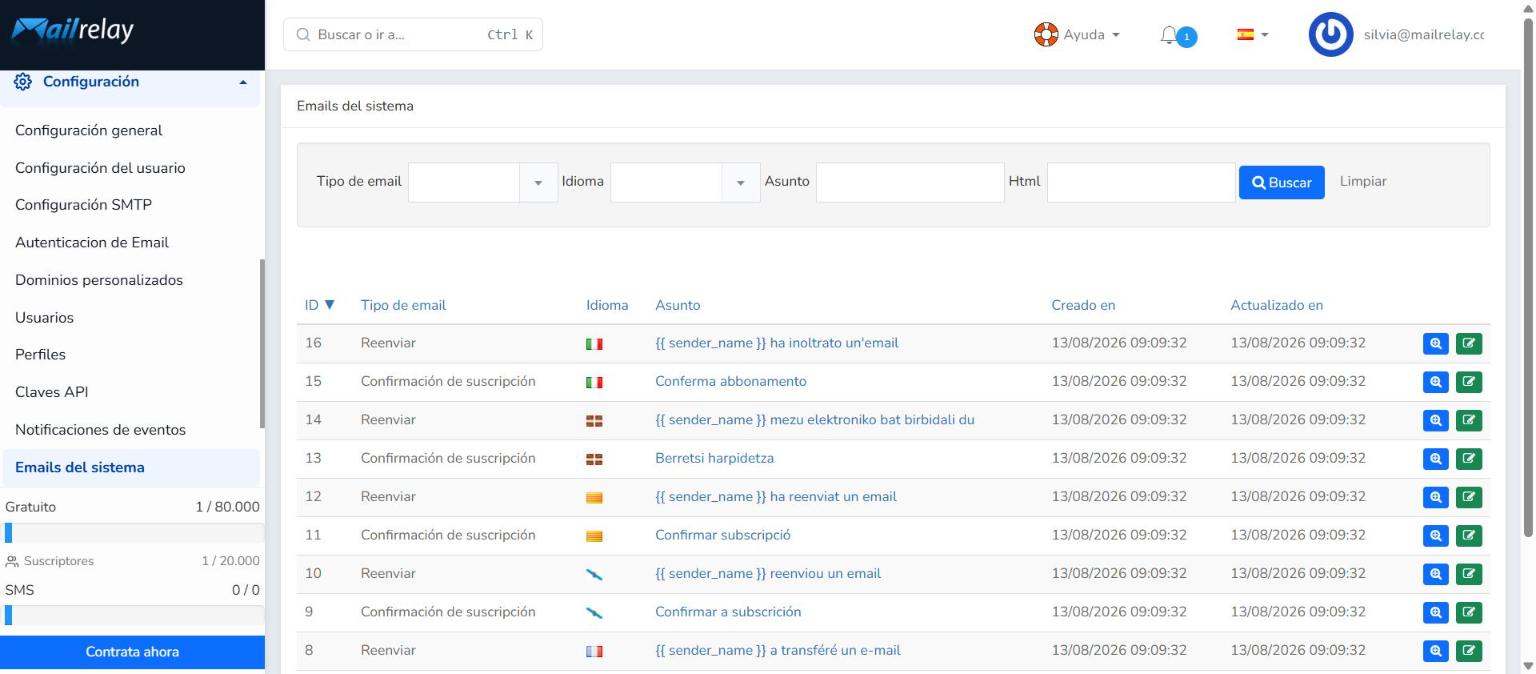 Listado de Emails del sistema con el buscador y la zona de resultados
