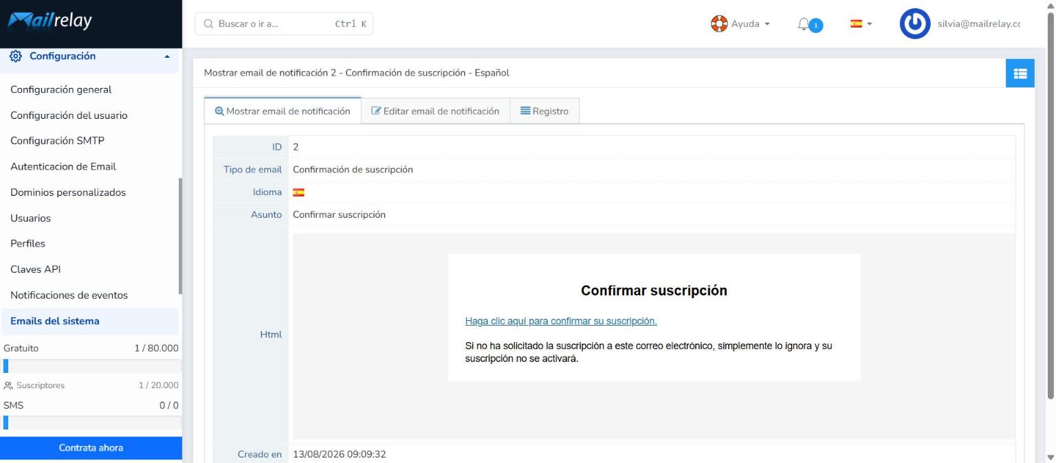 Pestaña Mostrar email de notificación con la vista previa del HTML