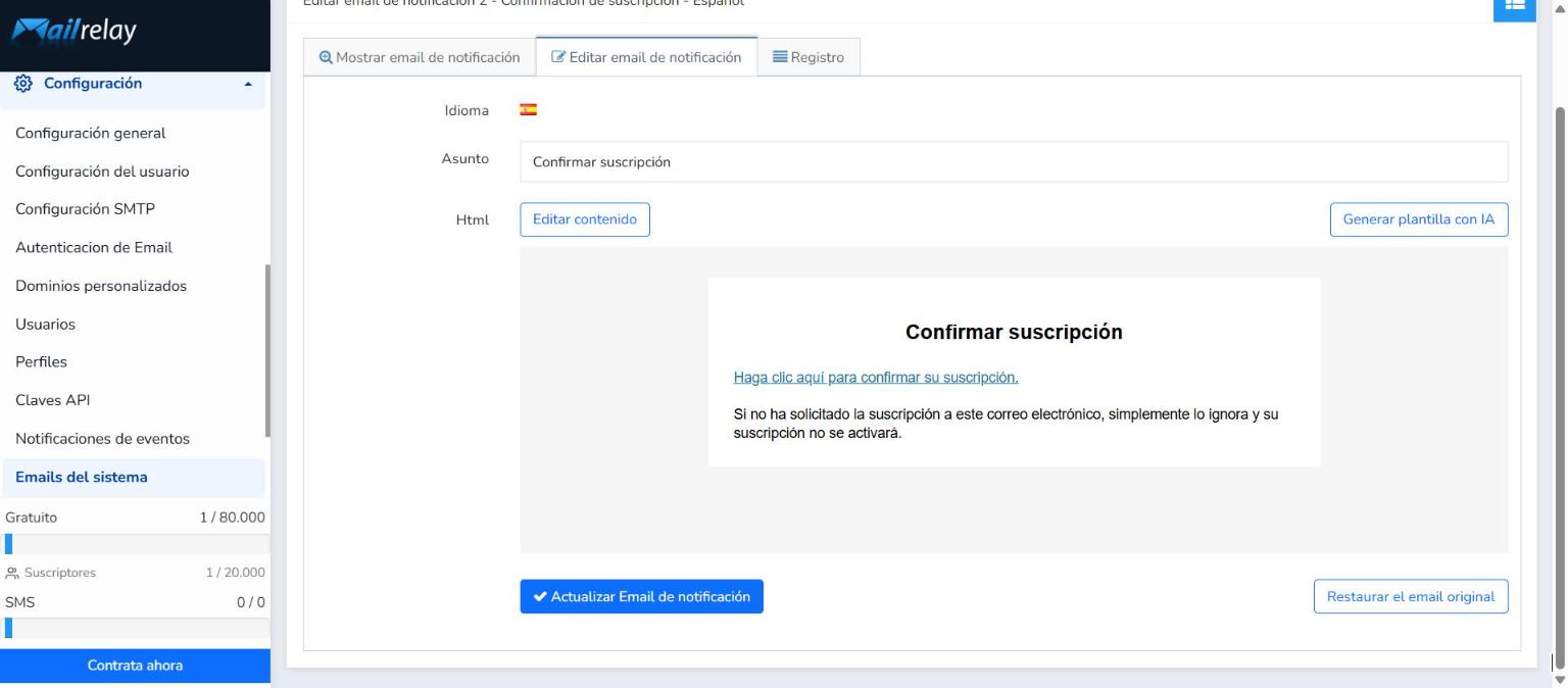 Pestaña Editar email de notificación