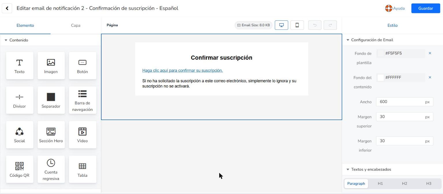 Editor de contenido del email de notificación