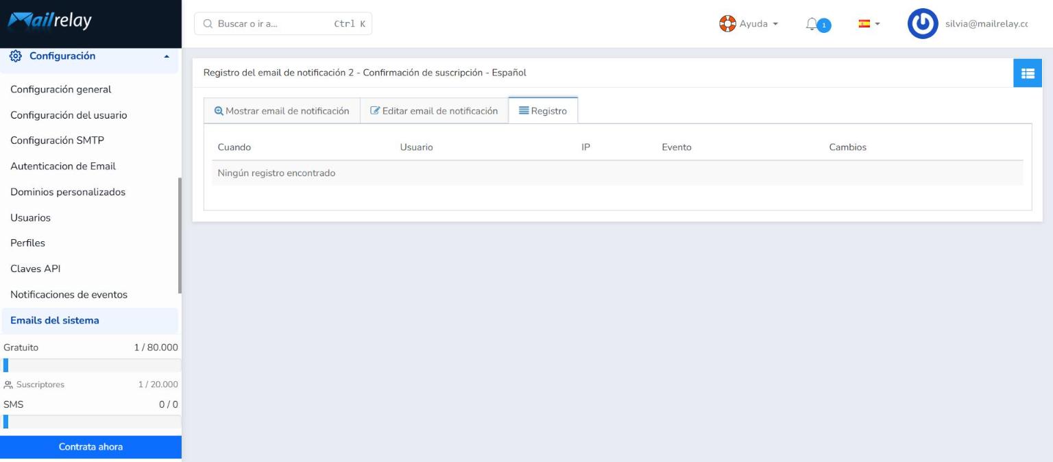Pestaña Registro del email de notificación